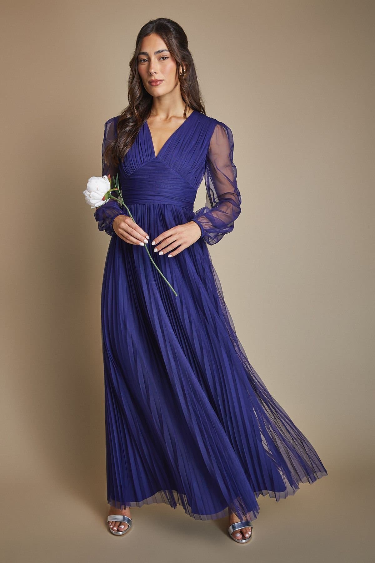 Oasis Oasis Women's Volume Sleeve V Neck Mesh Bridesmaid Maxi Dress in Midnight