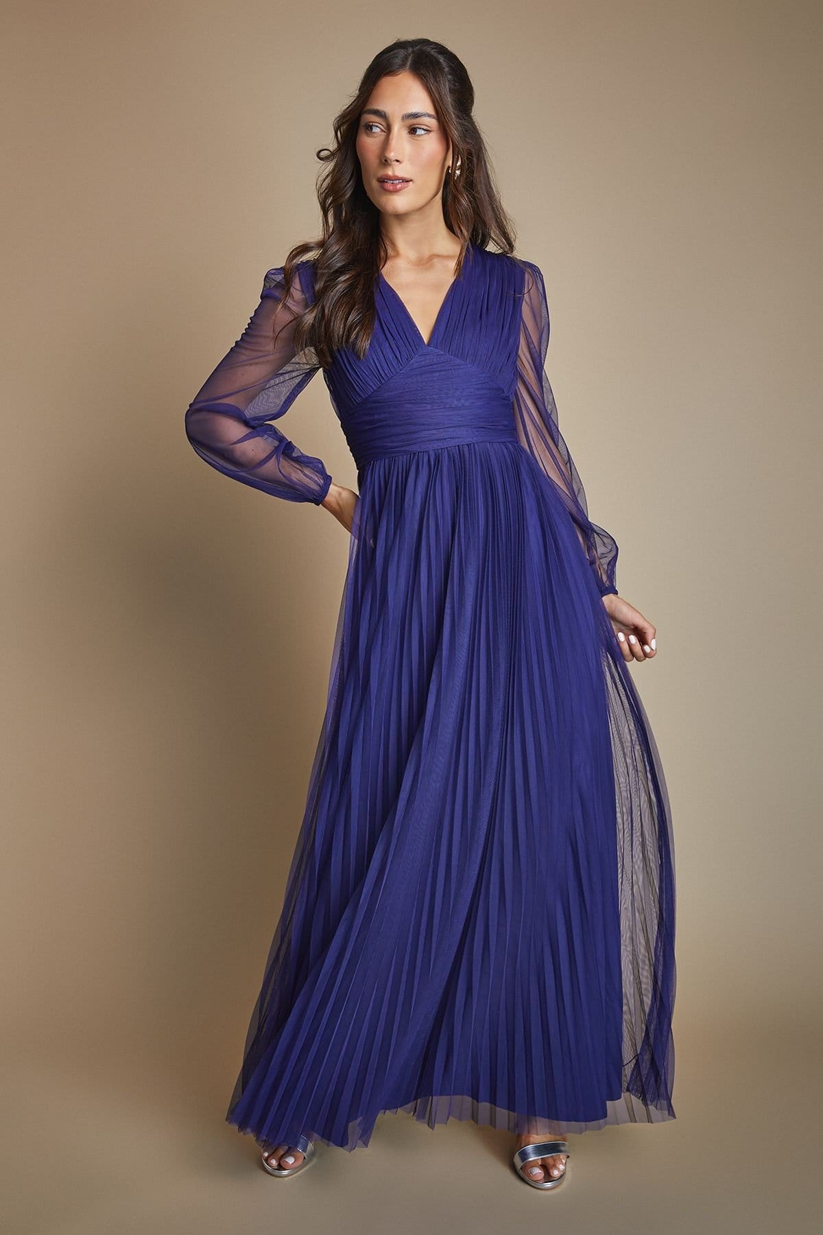 Oasis Oasis Women's Volume Sleeve V Neck Mesh Bridesmaid Maxi Dress in Midnight - 4