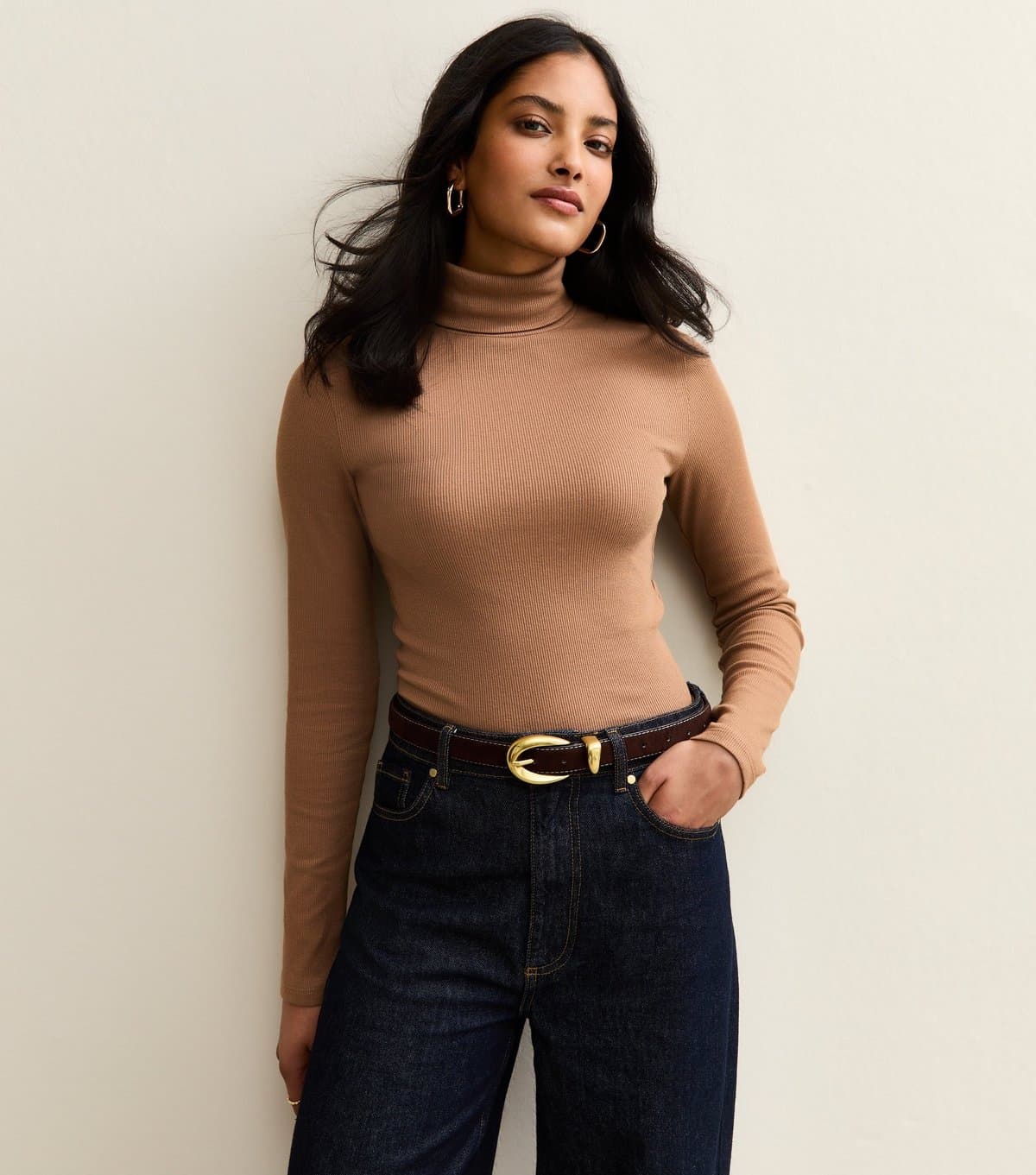 New Look Women's Brown Ribbed Long Sleeve Roll Neck Top New Look