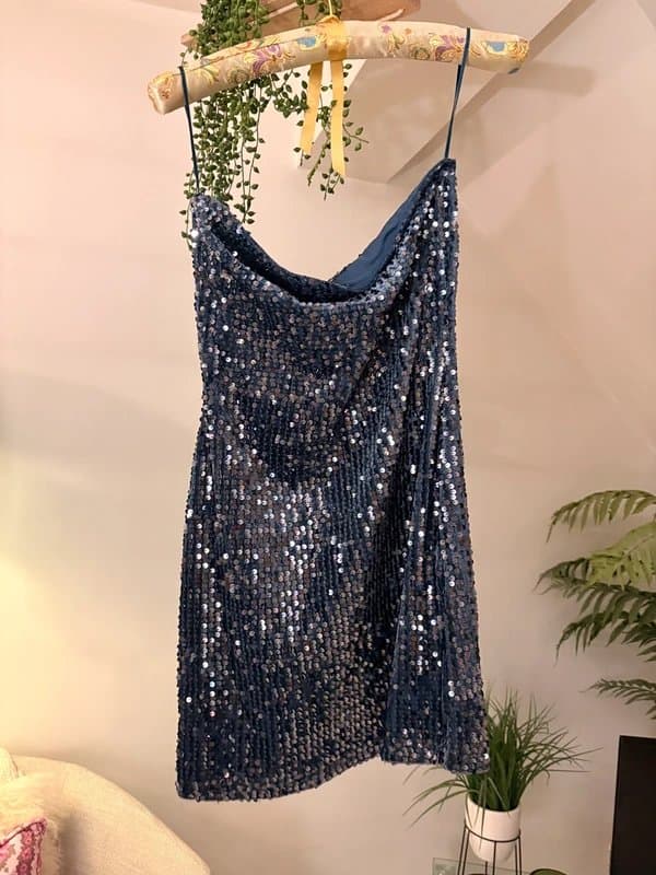 Bershka Blue Sequin Bandeau Strapeless Mini Dress Bershka