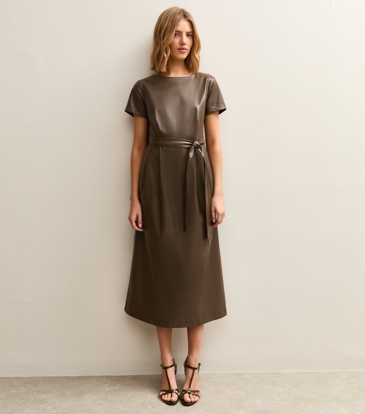 New Look Olive Faux Leather Belted Midi Dress