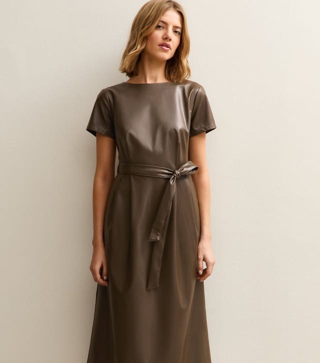 New Look Women's Light Khaki Faux Leather Belted Midi Dress New Look - 3