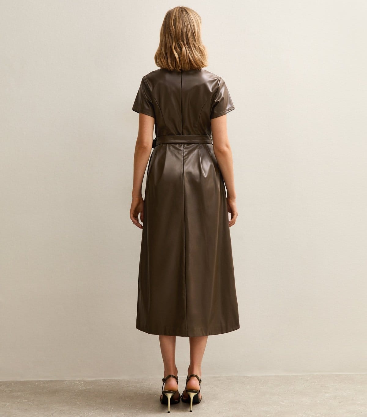 New Look Women's Light Khaki Faux Leather Belted Midi Dress New Look - 4