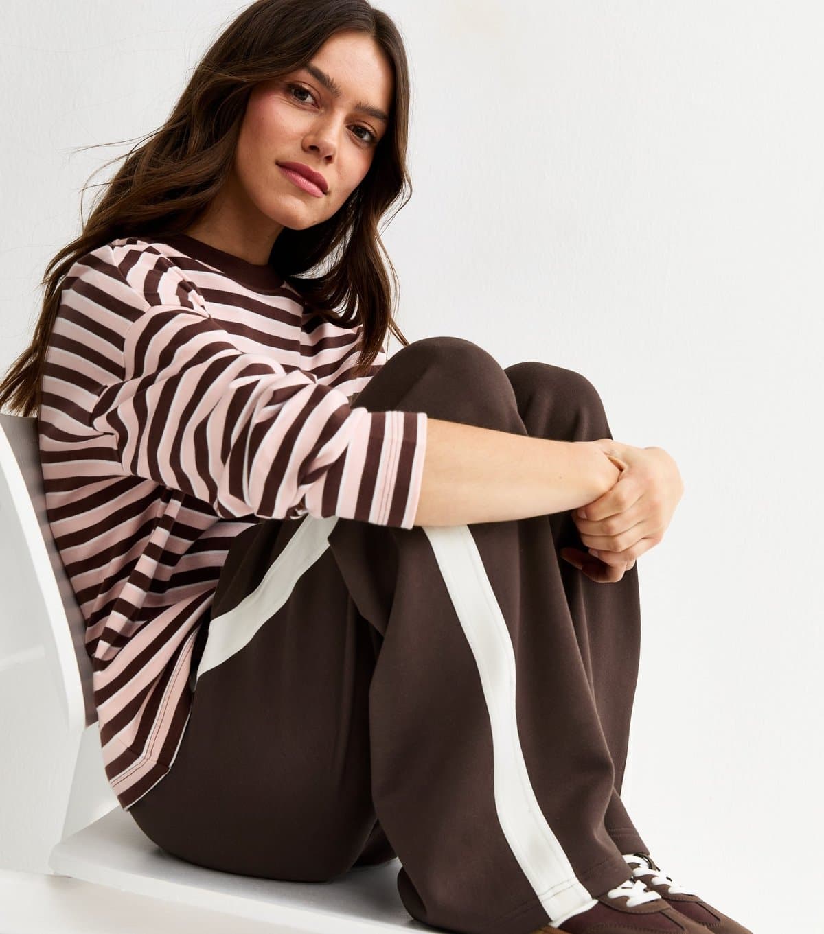 New Look Women's Petite Premium Dark Brown Jersey Side Stripe Wide Leg Trousers New Look