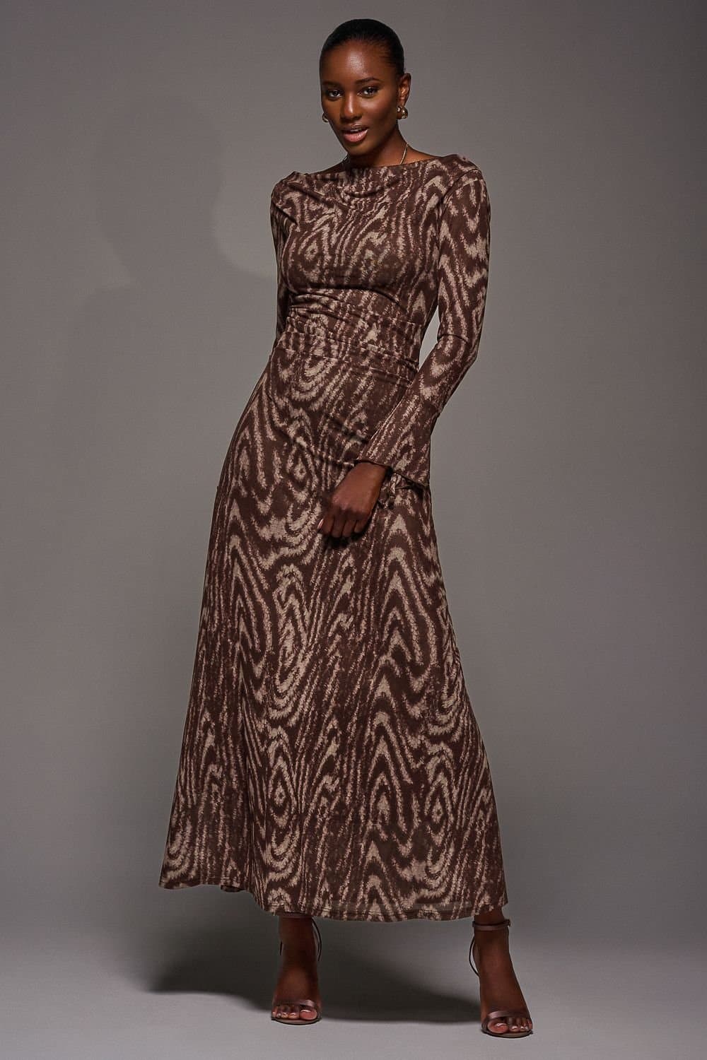 Jolie Moi Jolie Moi Women's Long Sleeve Slash Neck Maxi Dress in Brown