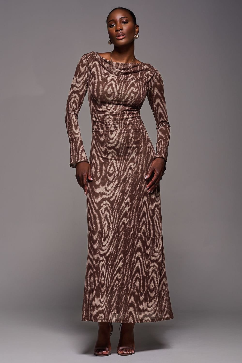 Jolie Moi Jolie Moi Women's Long Sleeve Slash Neck Maxi Dress in Brown - 4