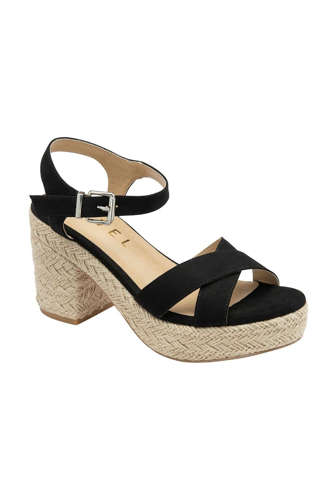 Ravel Ravel Black Suede Wedge Sandals with Linen Detail