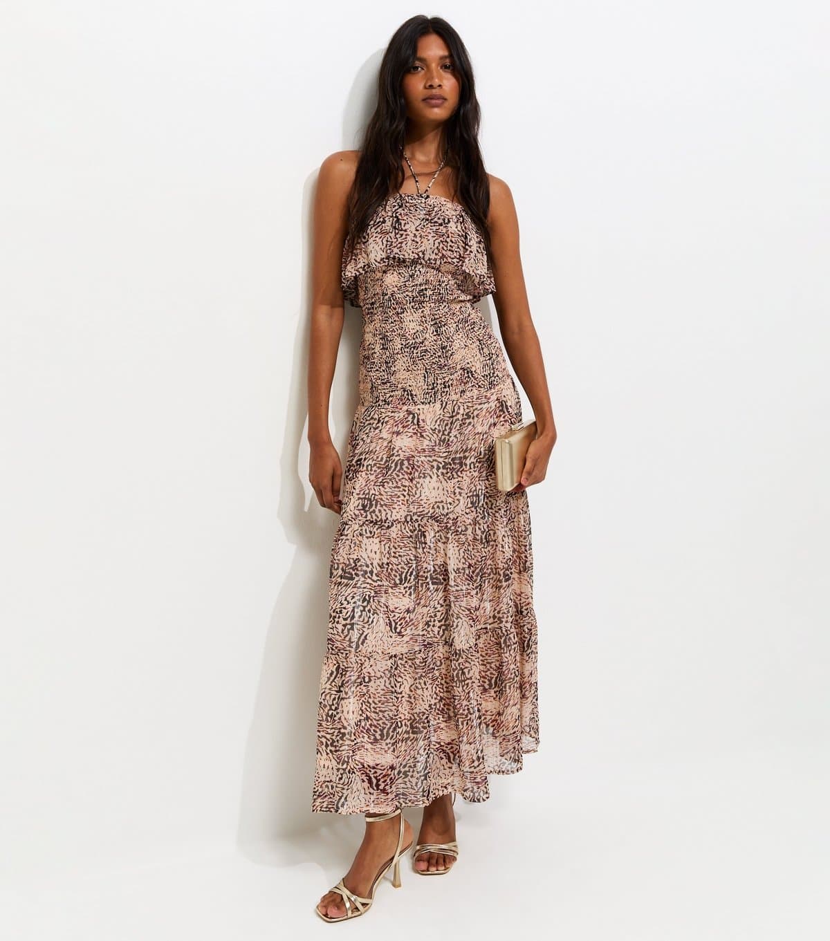 New Look Women's Brown Metallic Leopard Print Halterneck Midi Dress New Look