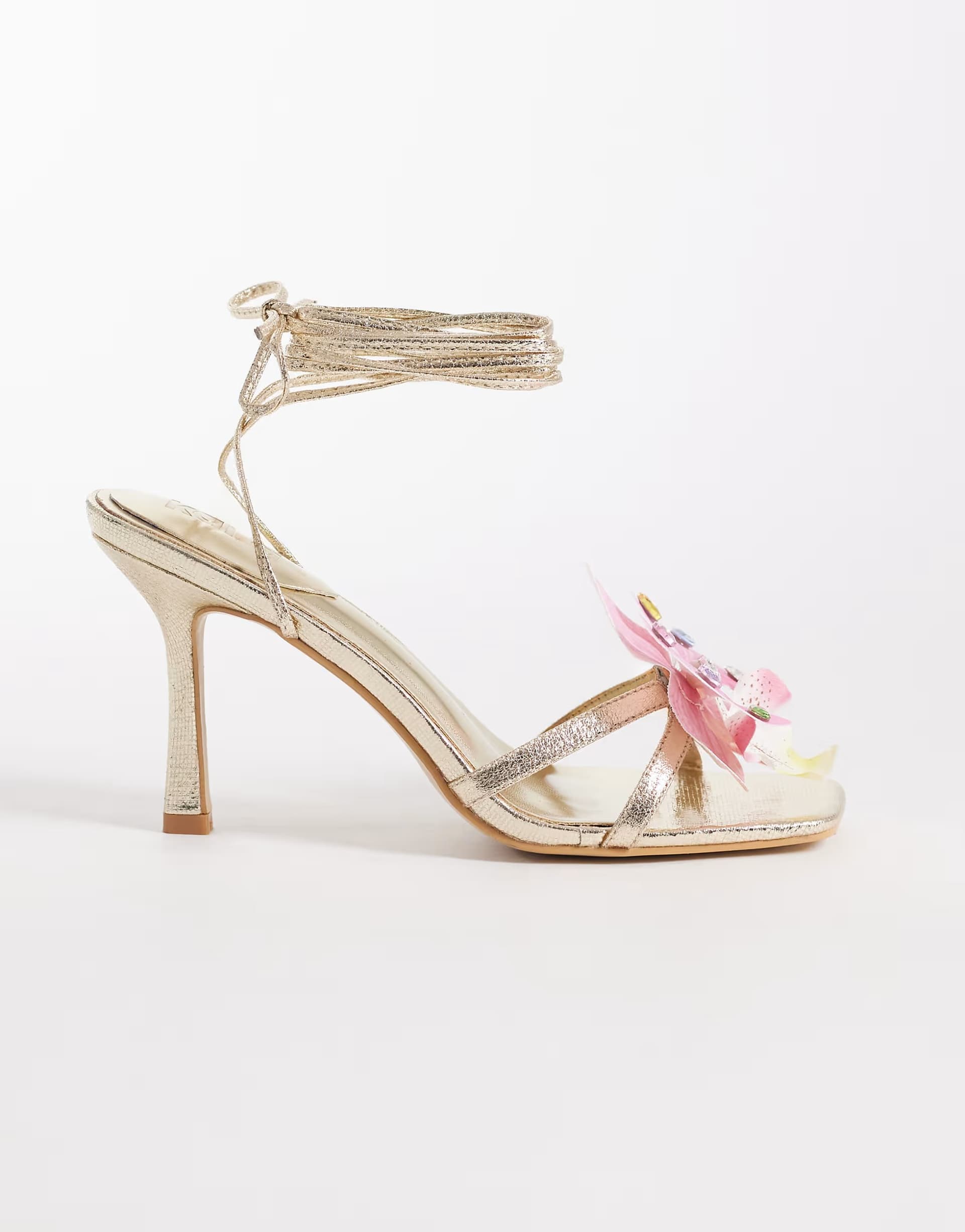 ASOS ASOS Gold Strappy Lace-Up Diamante Floral Kitten Heel Sandals