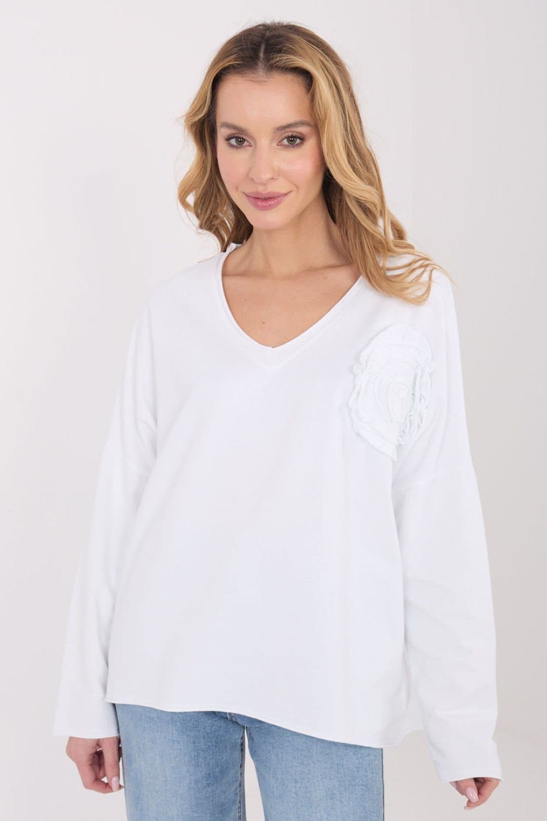 Love Lace Love Lace Women's Casual Cotton Elastane V Neck Embroidered Blouse in White