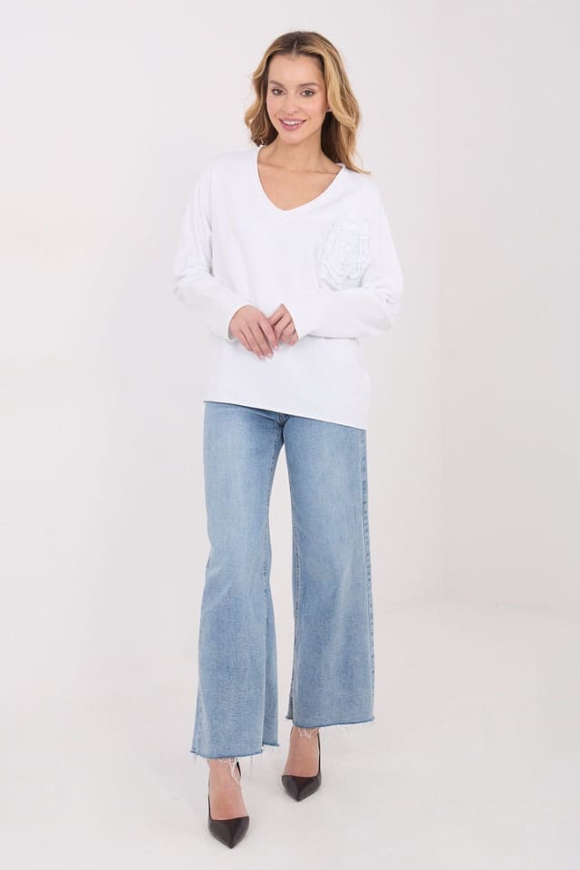 Love Lace Love Lace Women's Casual Cotton Elastane V Neck Embroidered Blouse in White - 2