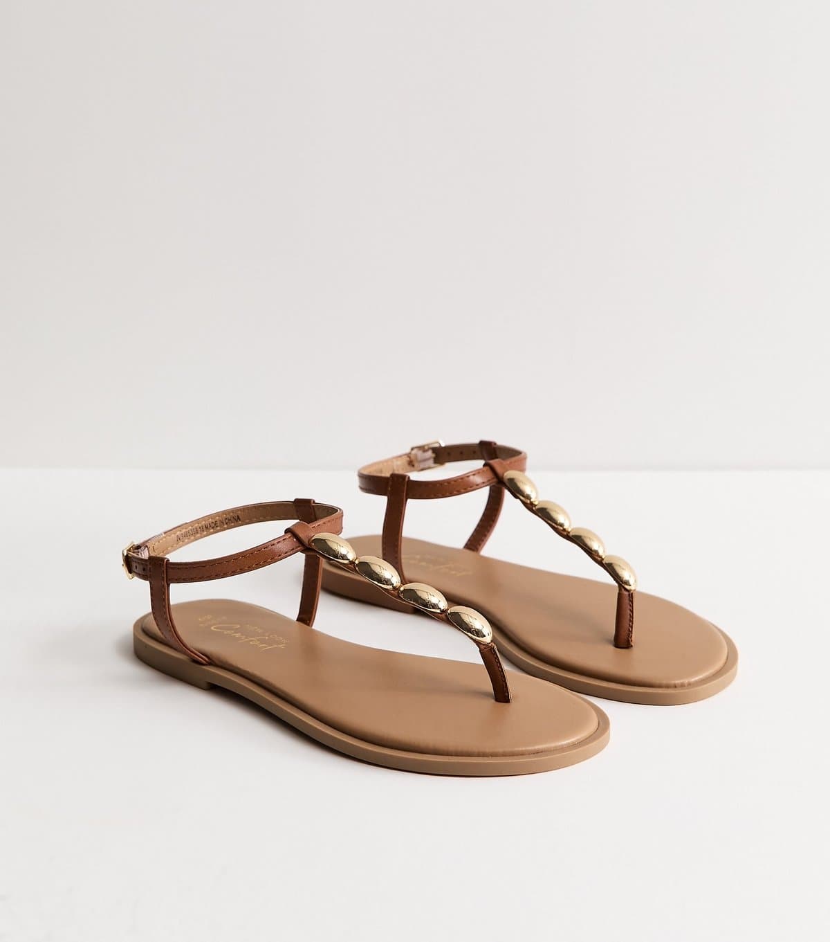 New Look Women's Wide Fit Tan Faux Leather Metal Toe Post Sandals Vegan New Look