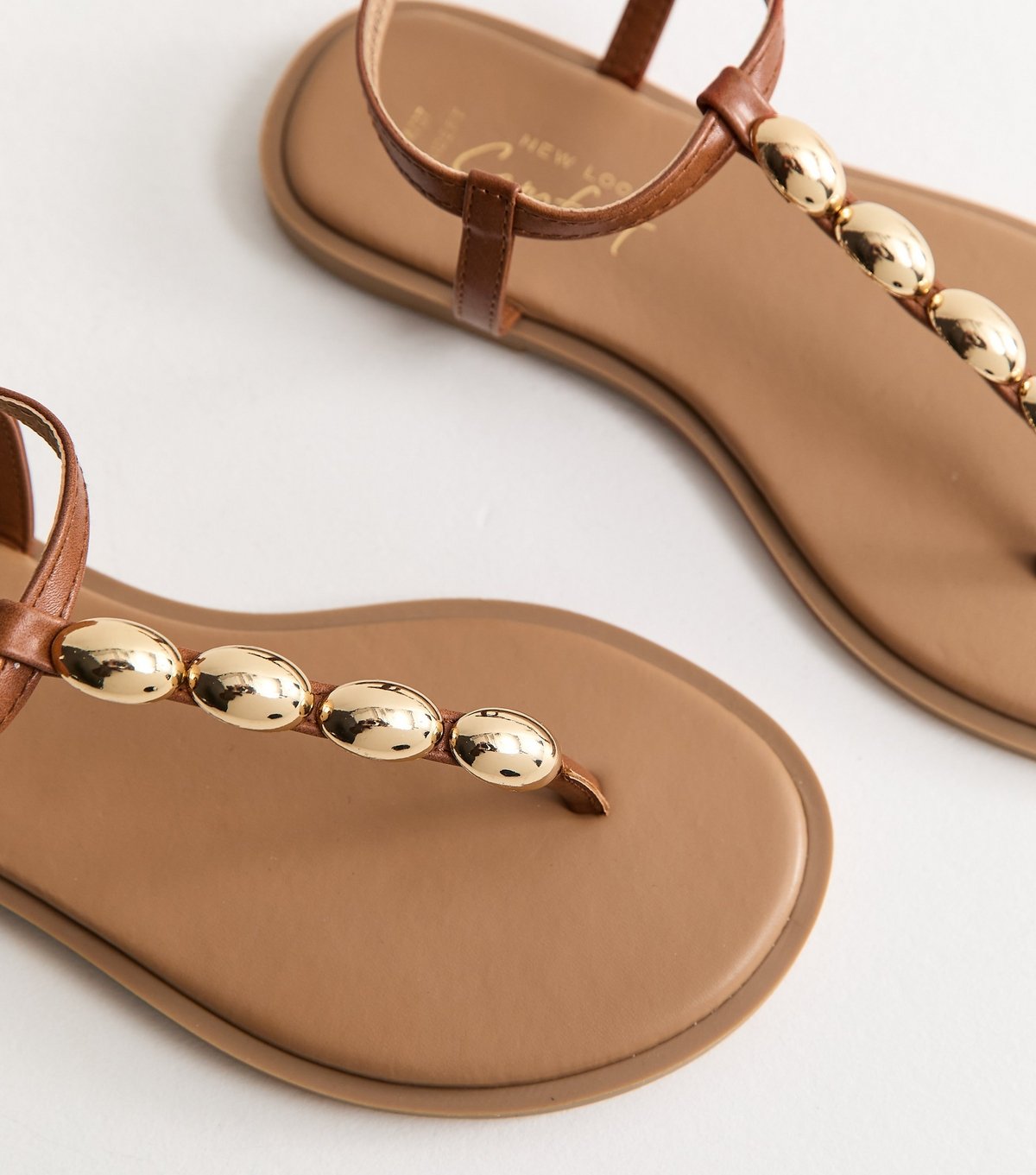 New Look Women's Wide Fit Tan Faux Leather Metal Toe Post Sandals Vegan New Look - 4