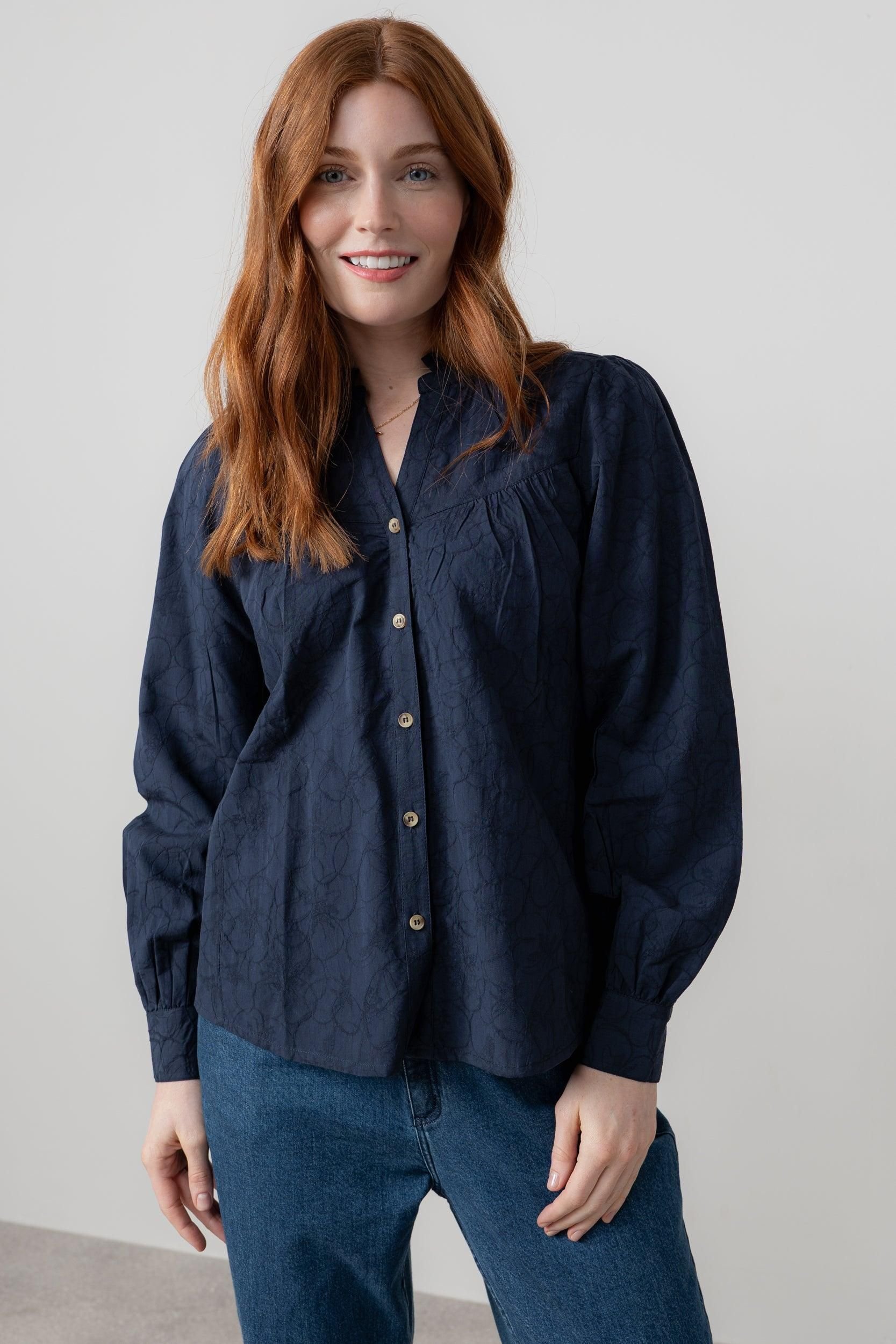 Lily & Me Lily & Me Women's Wayfaring Textured Jacquard Full Button Long Sleeve Blouse in Navy - 2