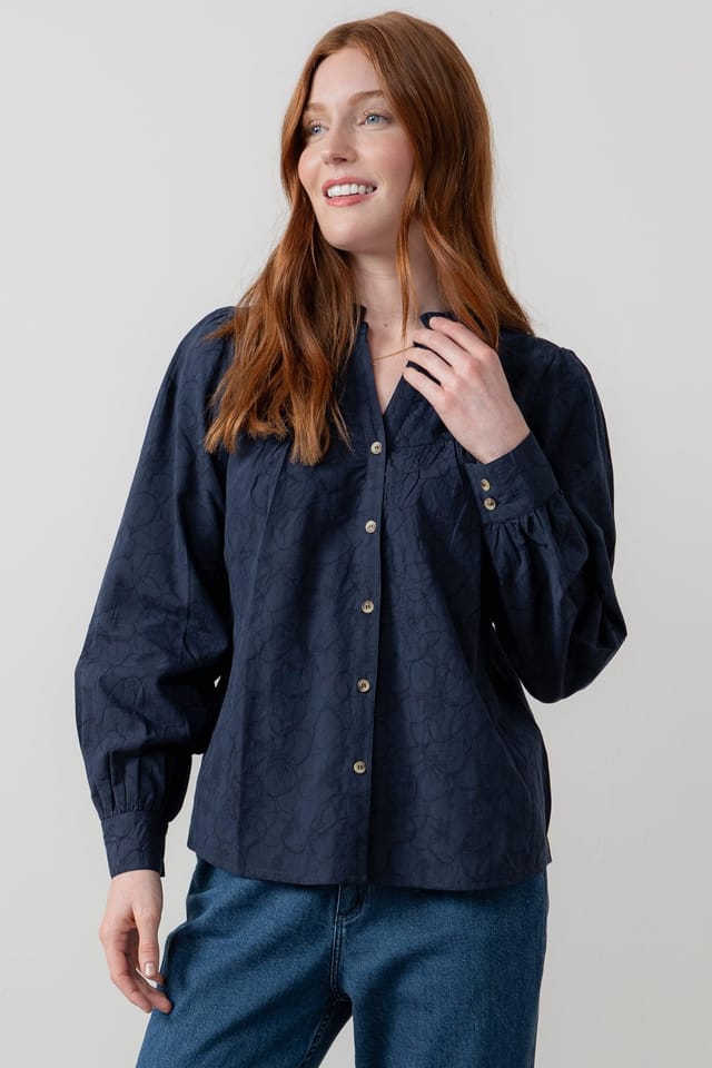 Lily & Me Lily & Me Women's Wayfaring Textured Jacquard Full Button Long Sleeve Blouse in Navy - 2