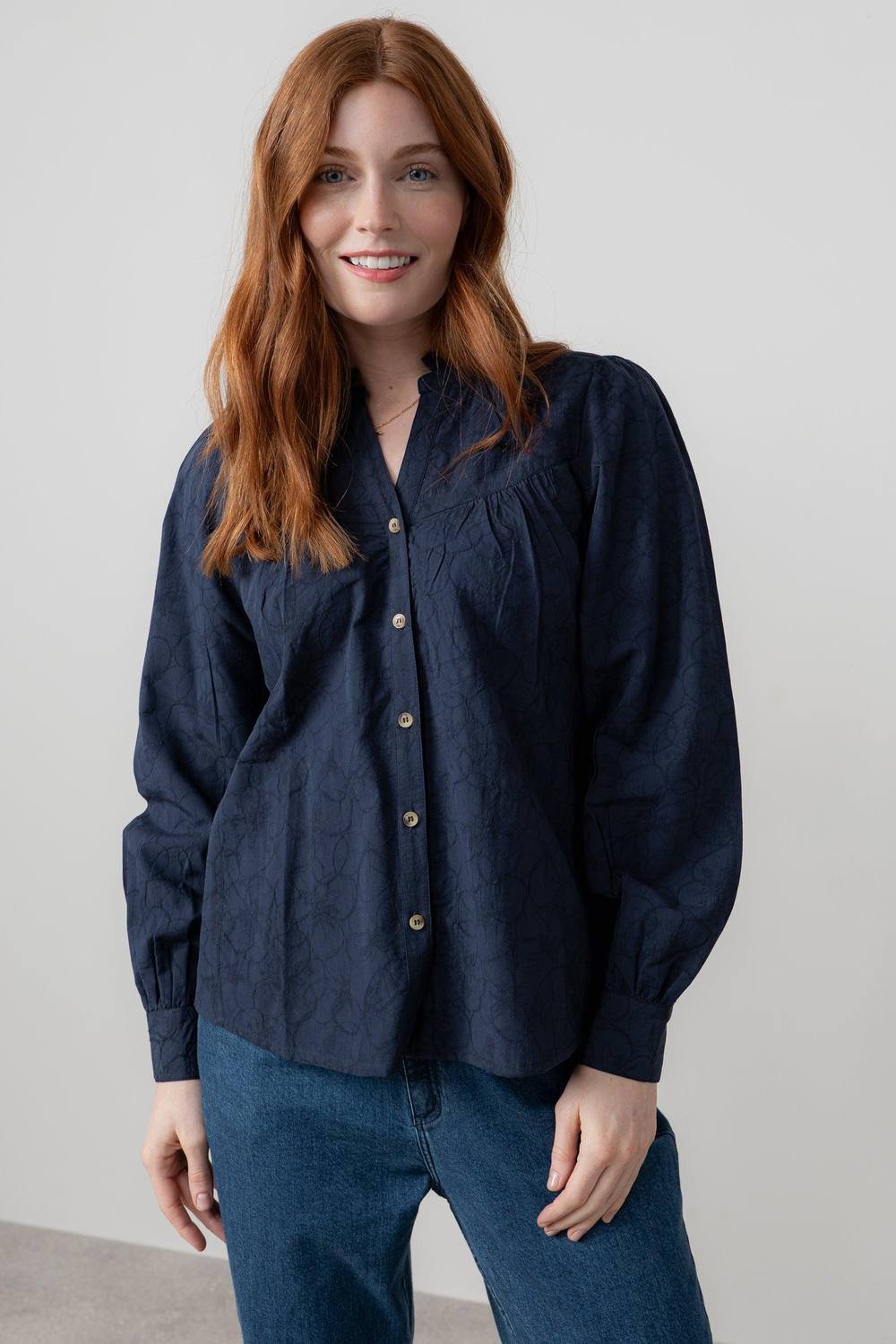 Lily & Me Lily & Me Women's Wayfaring Textured Jacquard Full Button Long Sleeve Blouse in Navy - 3
