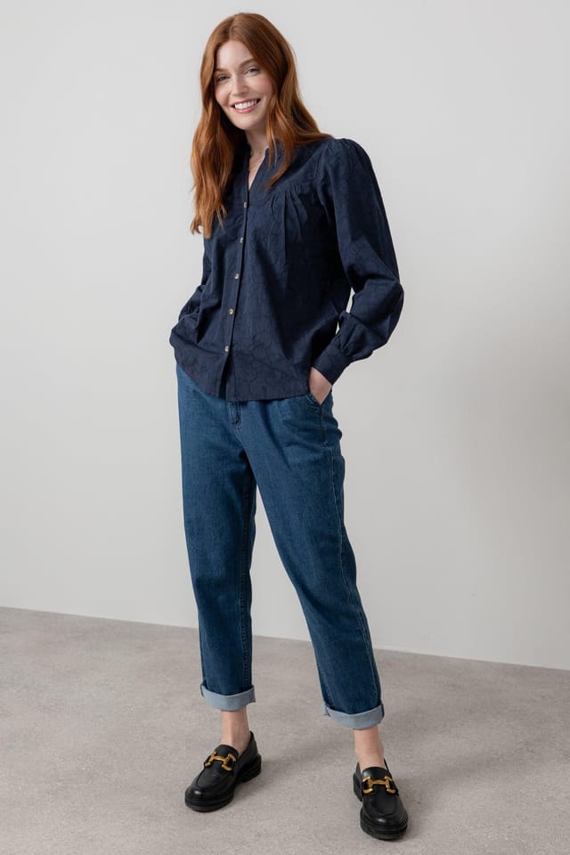 Lily & Me Lily & Me Women's Wayfaring Textured Jacquard Full Button Long Sleeve Blouse in Navy - 3