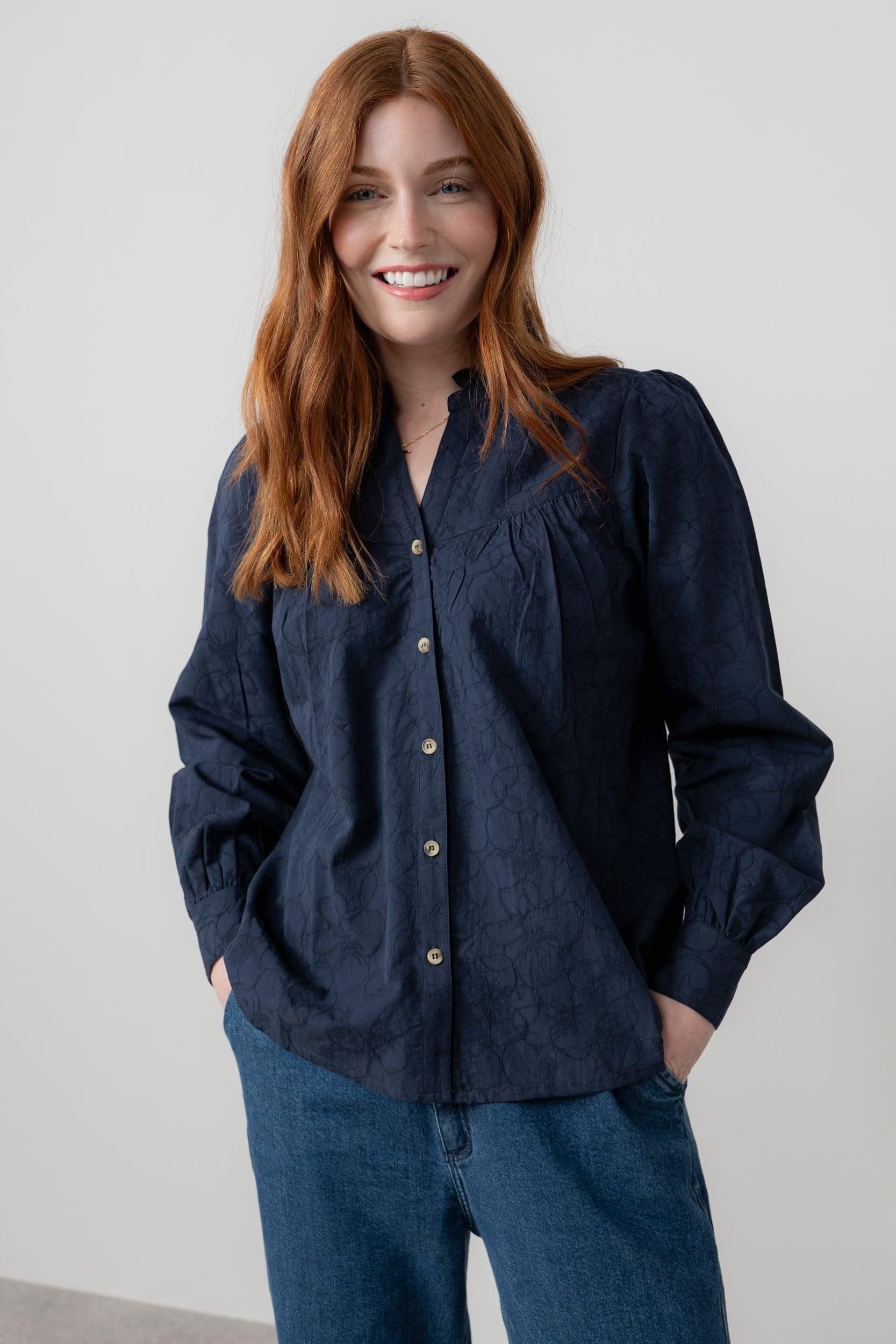 Lily & Me Lily & Me Women's Wayfaring Textured Jacquard Full Button Long Sleeve Blouse in Navy - 4