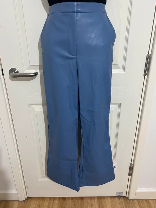 ASOS ASOS Blue Faux Leather Wide Leg Trousers | High Waisted Vegan Leather Pants UK 10