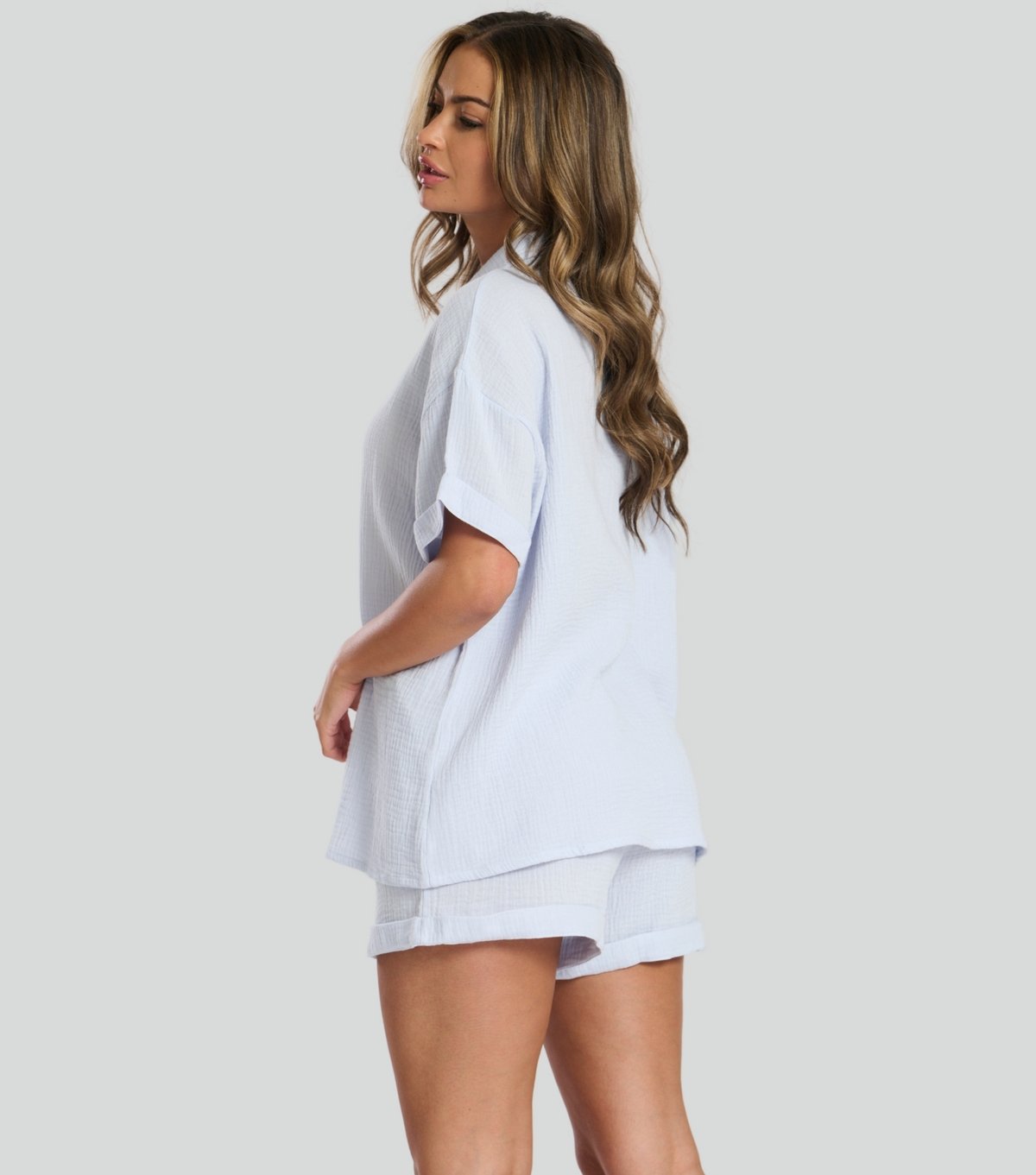 Loungeable Women's Blue Textured Shirt and Shorts Pyjama Set Loungeable New Look - 4