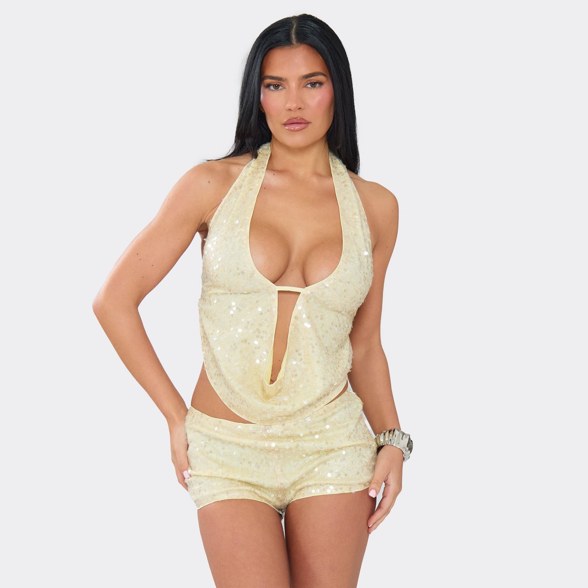 EGO Halterneck Cowl Front Top In Lemon Sequin, Women's Size UK 6