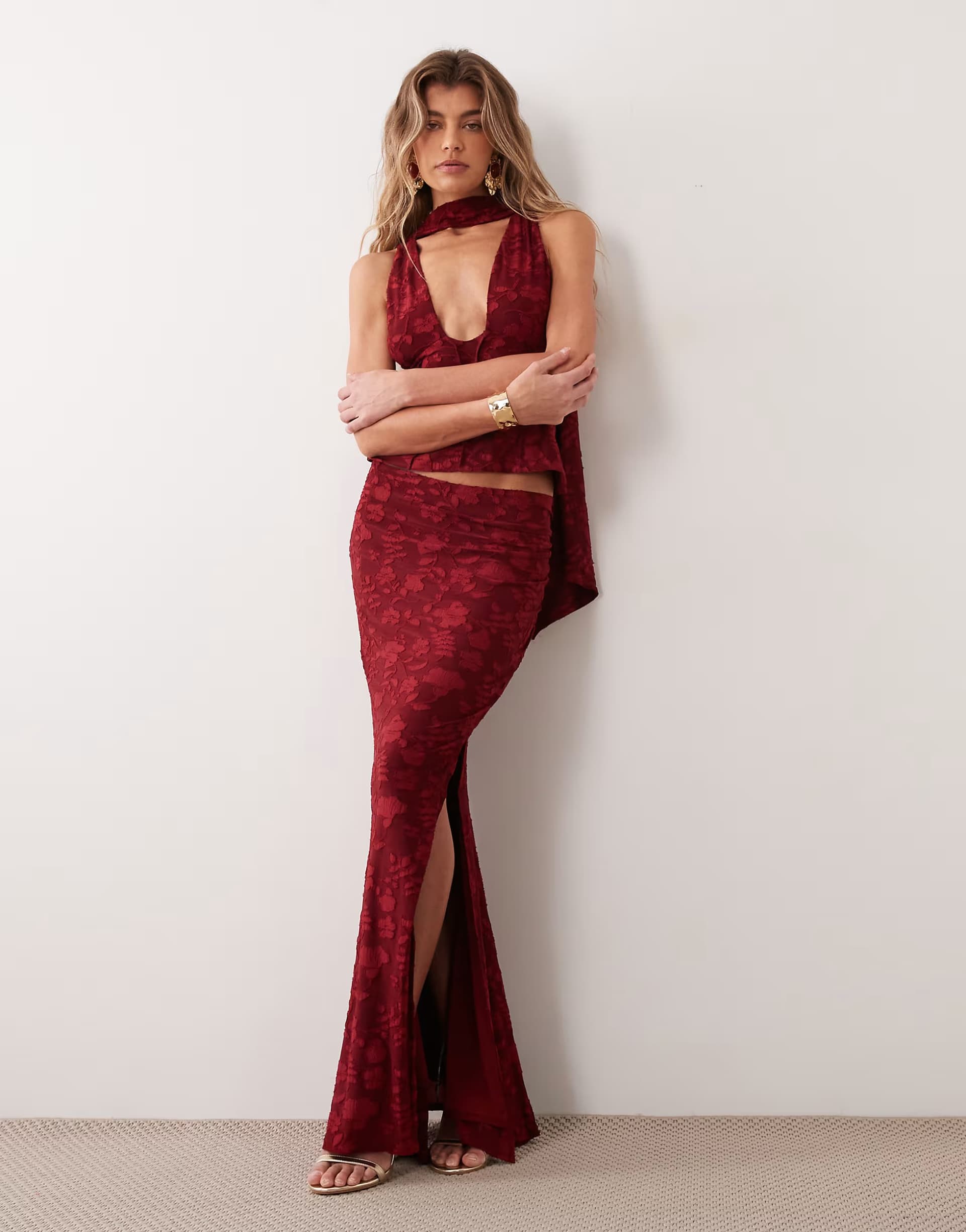 ASOS ASOS DESIGN co-ord devore high split skirt in wine