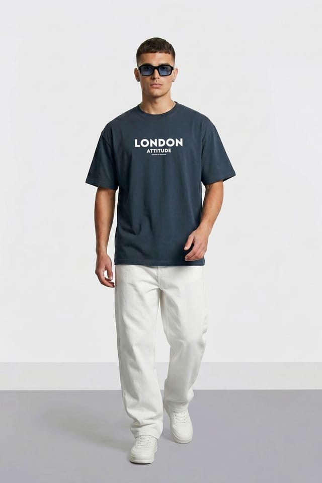 LONDON ATTITUDE LONDON ATTITUDE Men's Original Creators Oversized Heavyweight Streetwear Graphic T-Shirt in Dark Blue - 2