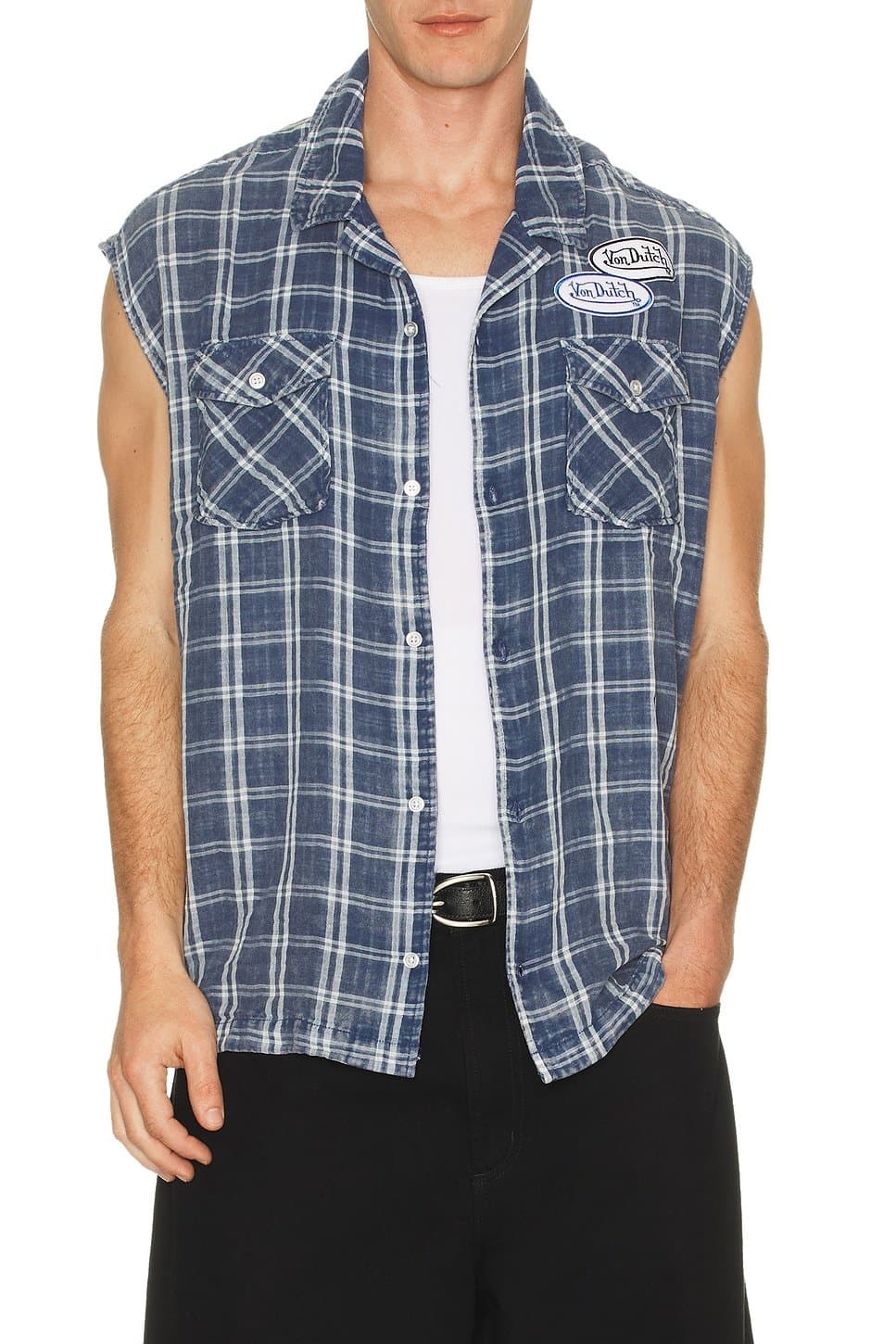 revolve Revolve Sleeveless Flannel Shirt in Navy & White