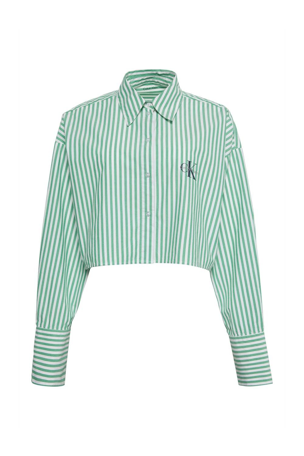 Calvin Klein Calvin Klein Women's Cropped Poplin Shirt Penny Stripe Mardi Gras Green - 2