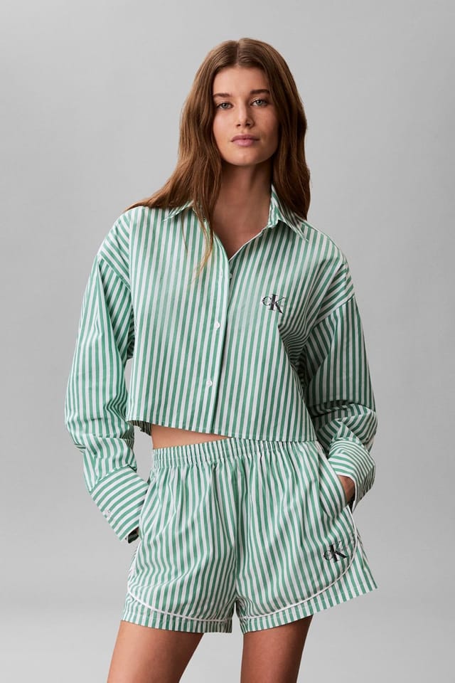 Calvin Klein Calvin Klein Women's Cropped Poplin Shirt Penny Stripe Mardi Gras Green - 2