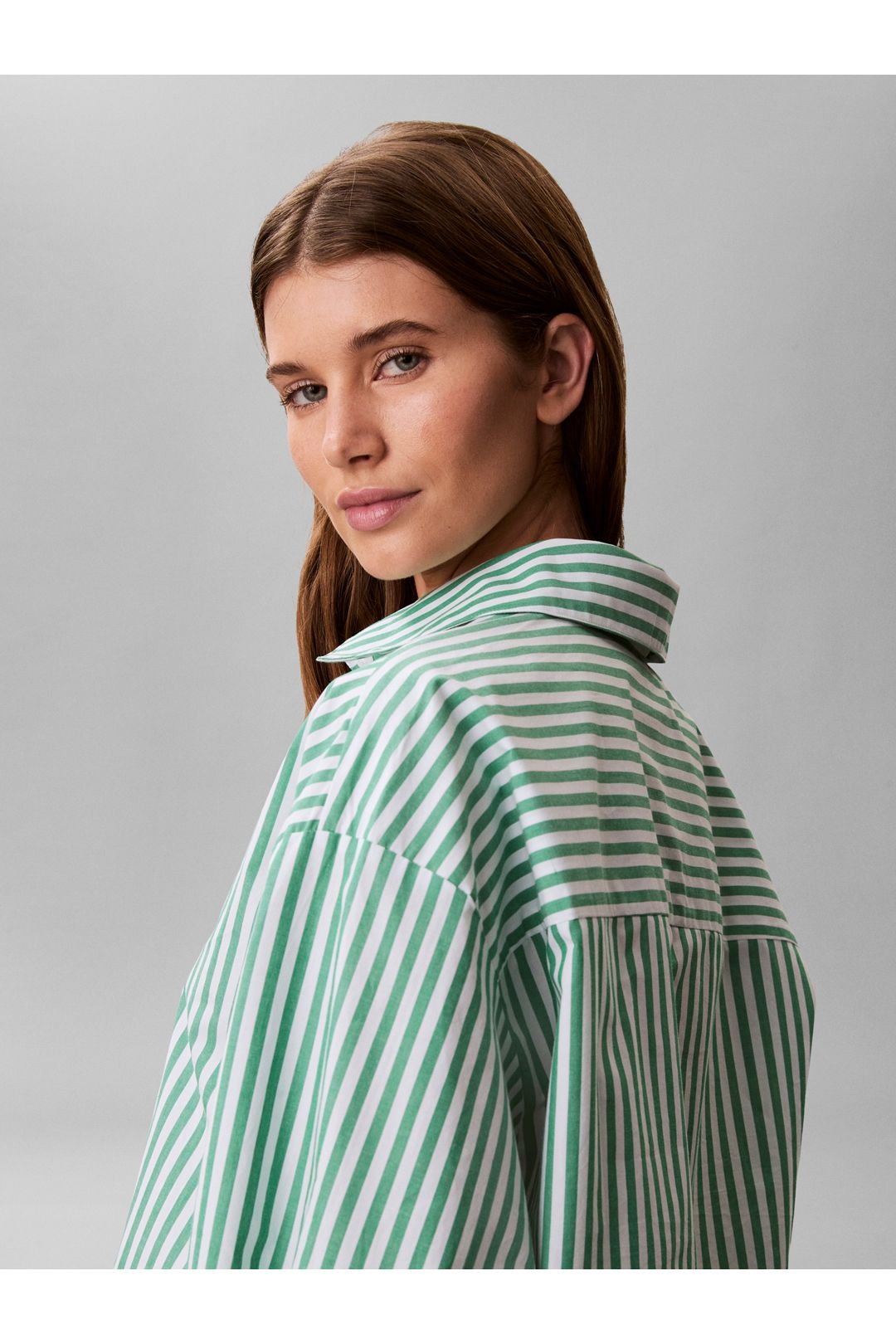 Calvin Klein Calvin Klein Women's Cropped Poplin Shirt Penny Stripe Mardi Gras Green - 3