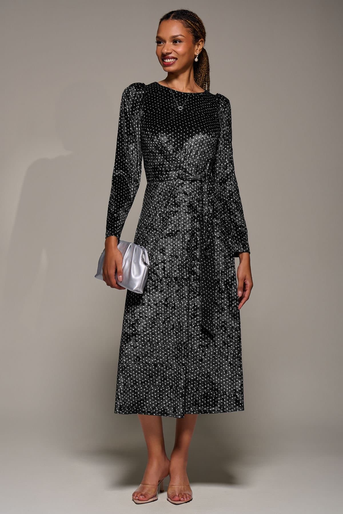 Jolie Moi Jolie Moi Women's Long Sleeve Velvet Tie Detail Midi Dress in Black