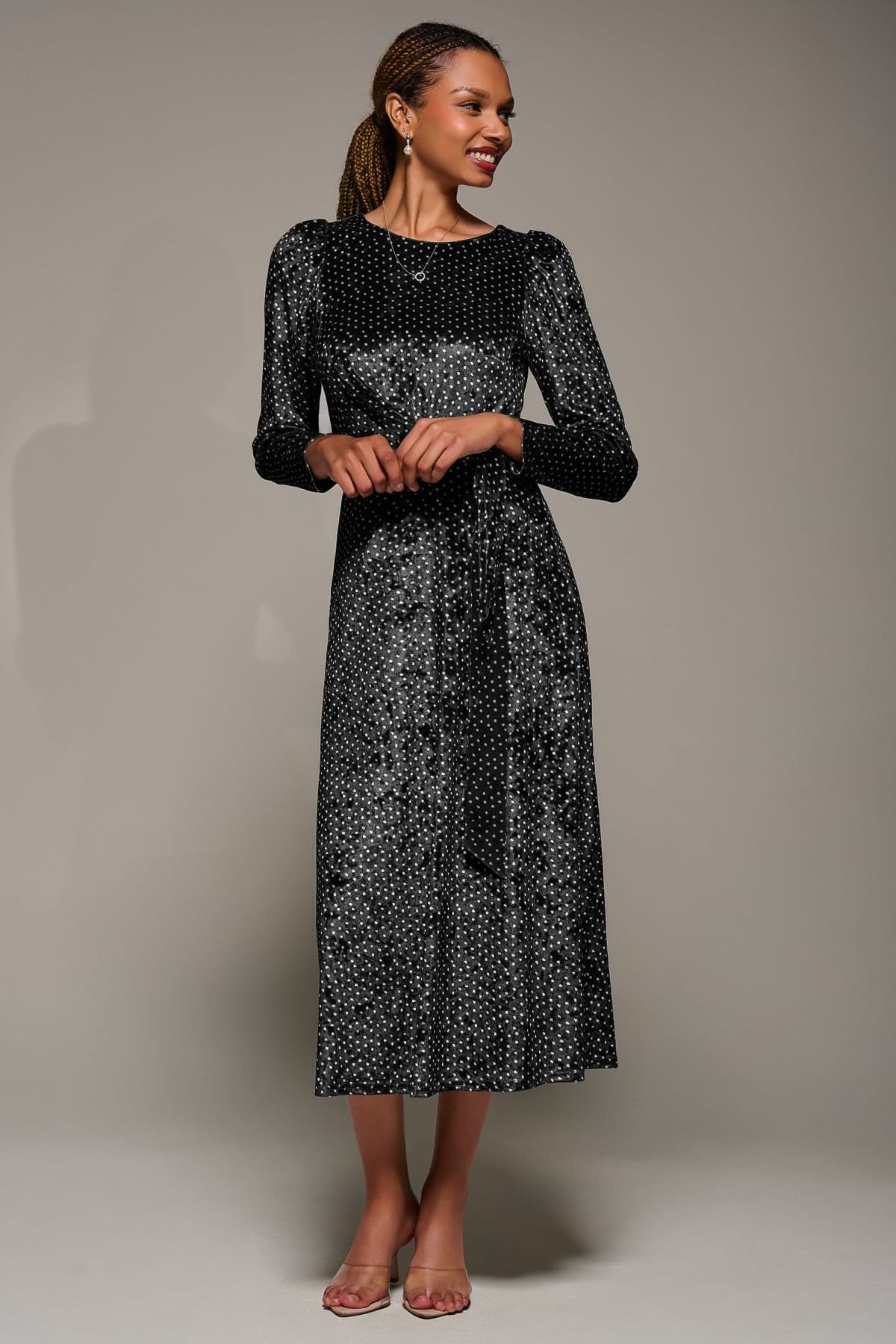 Jolie Moi Jolie Moi Women's Long Sleeve Velvet Tie Detail Midi Dress in Black - 4