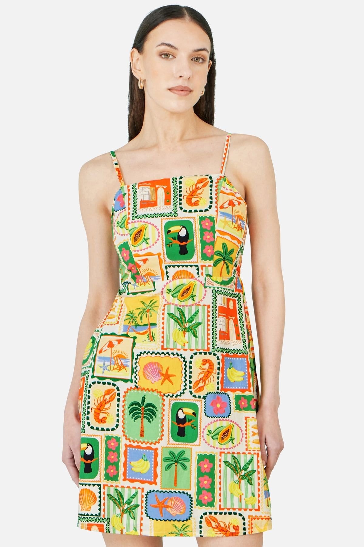 Yumi Multicolour Postcard Print Mini Sun Dress in Ecru