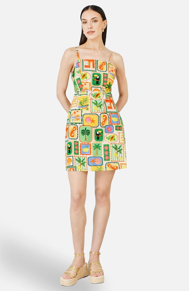 Yumi Yumi Women's Multicolour Postcard Print Mini Sun Dress in Ecru - 2