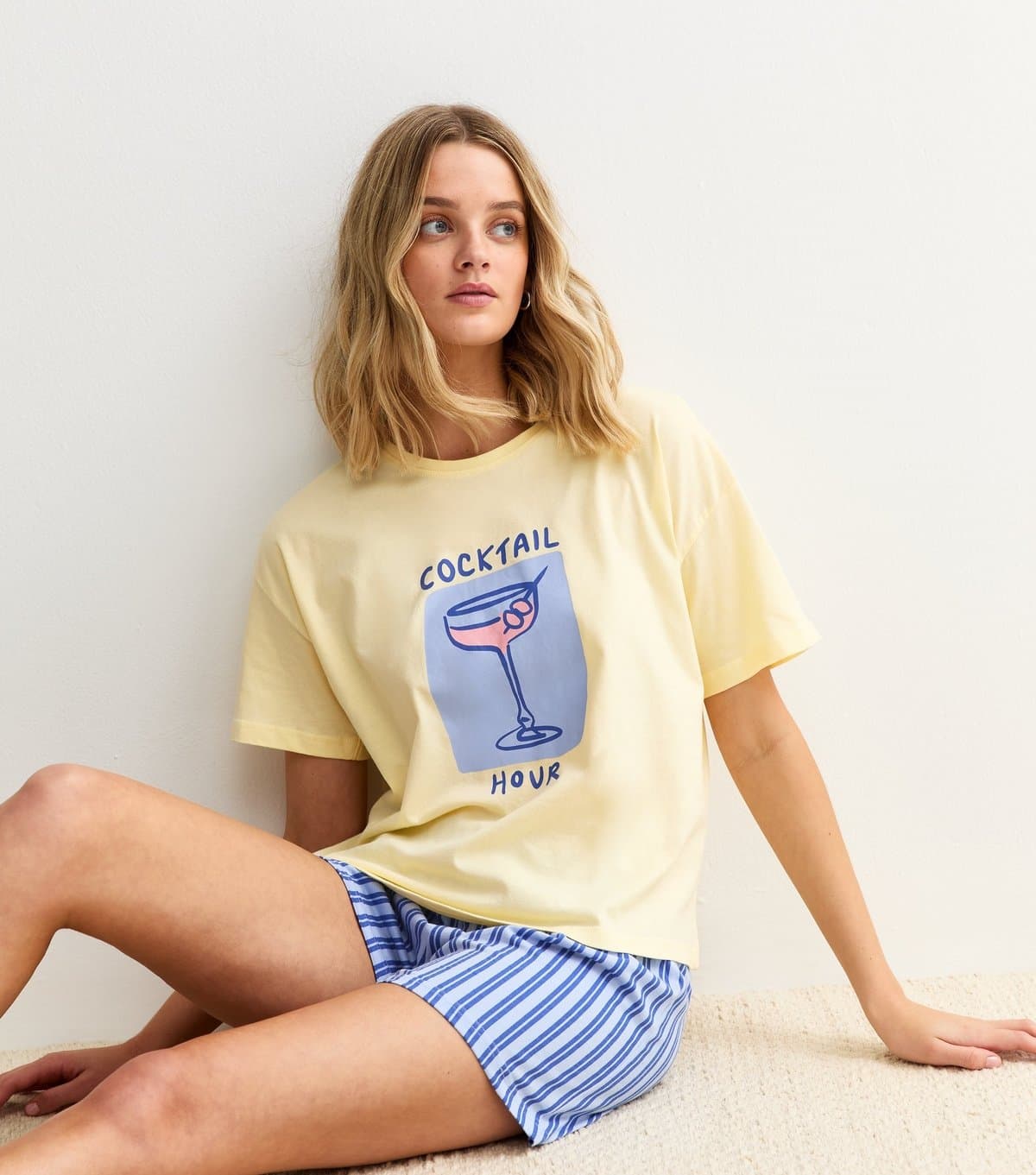 New Look Women's Yellow Cocktail Hour Print T-Shirt and Shorts Pyjama Set New Look