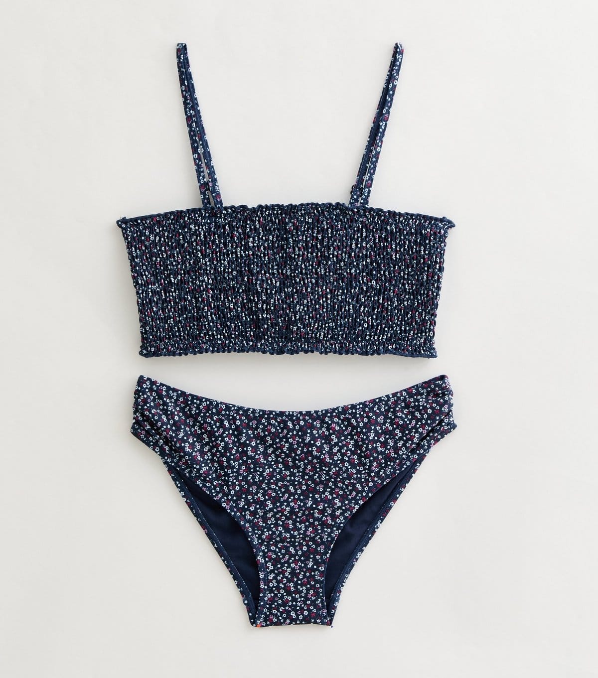 New Look Navy Ditsy Floral Shirred Bandeau Bikini Set