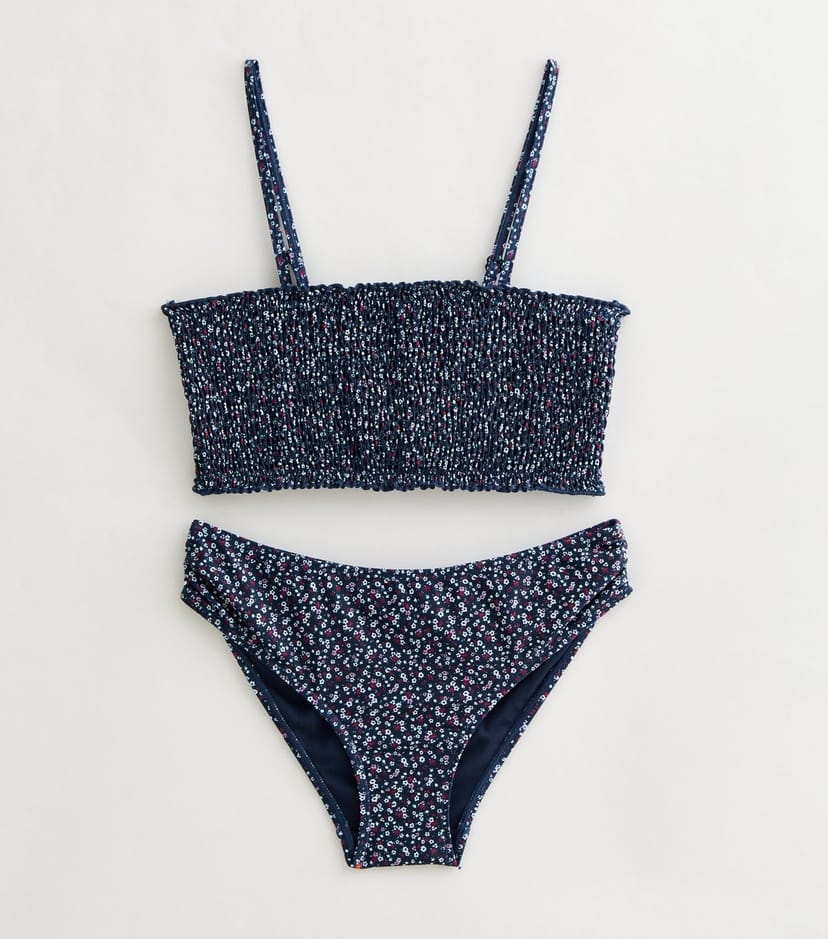 New Look Girls' Navy Ditsy Floral Shirred Bandeau Bikini Set New Look - 1