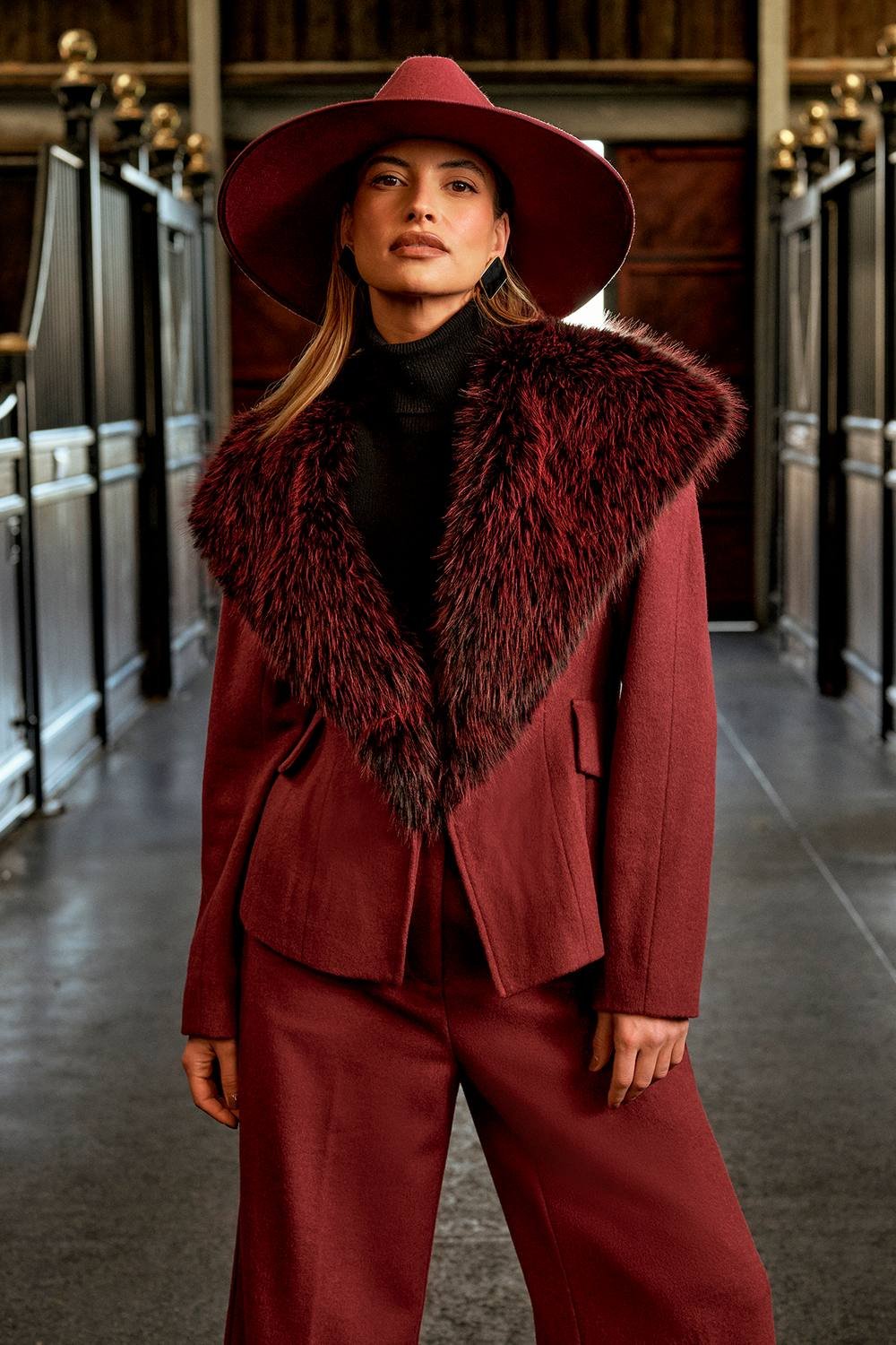 Coast Coast Women's Lisa Tan Fur Trim Premium Jacket With Wadding in Burgundy - 2