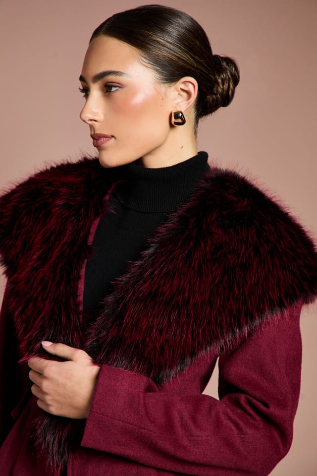 Coast Coast Women's Lisa Tan Fur Trim Premium Jacket With Wadding in Burgundy - 2