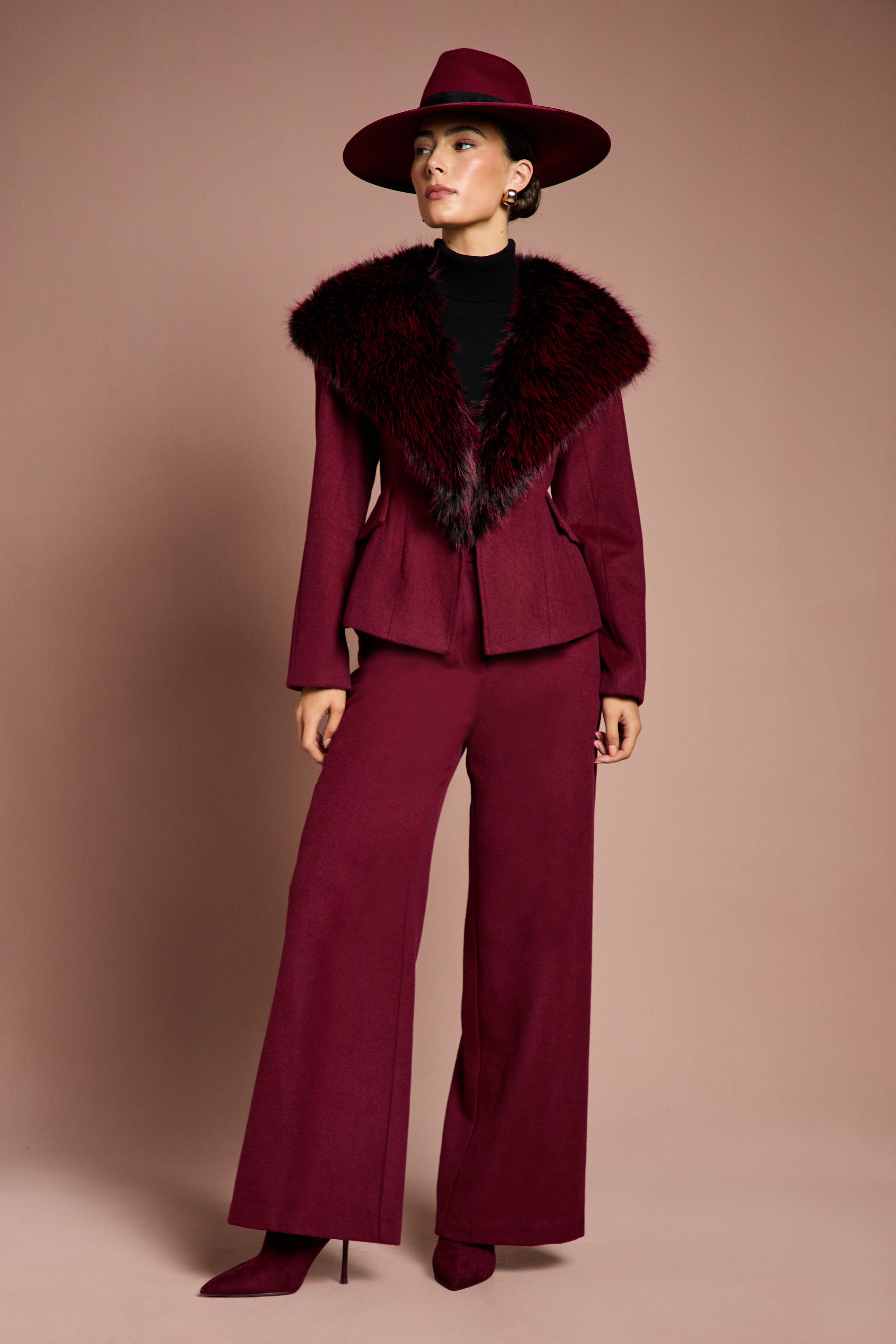 Coast Coast Women's Lisa Tan Fur Trim Premium Jacket With Wadding in Burgundy - 4