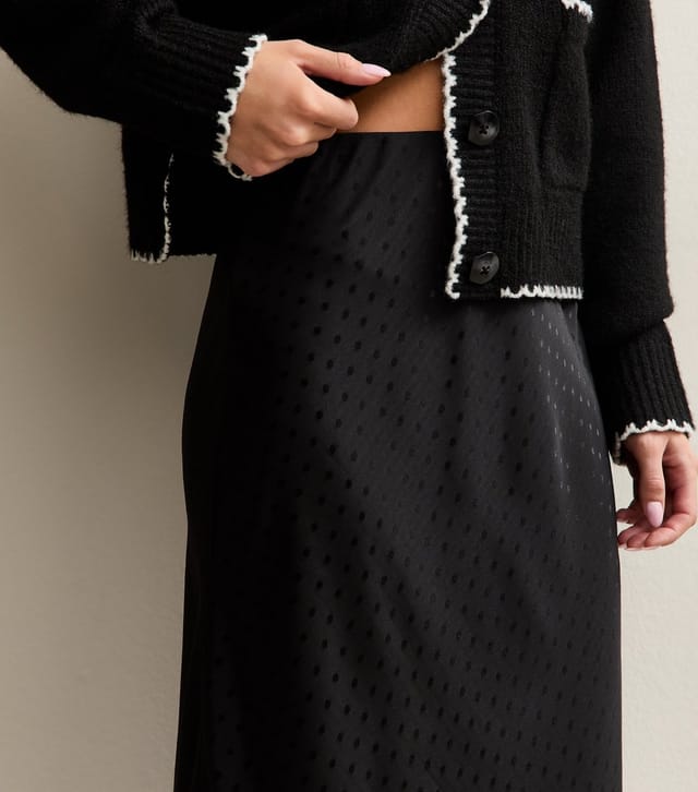 New Look Women's Petite Black Polka Dot Satin Bias Cut Midi Skirt New Look - 2