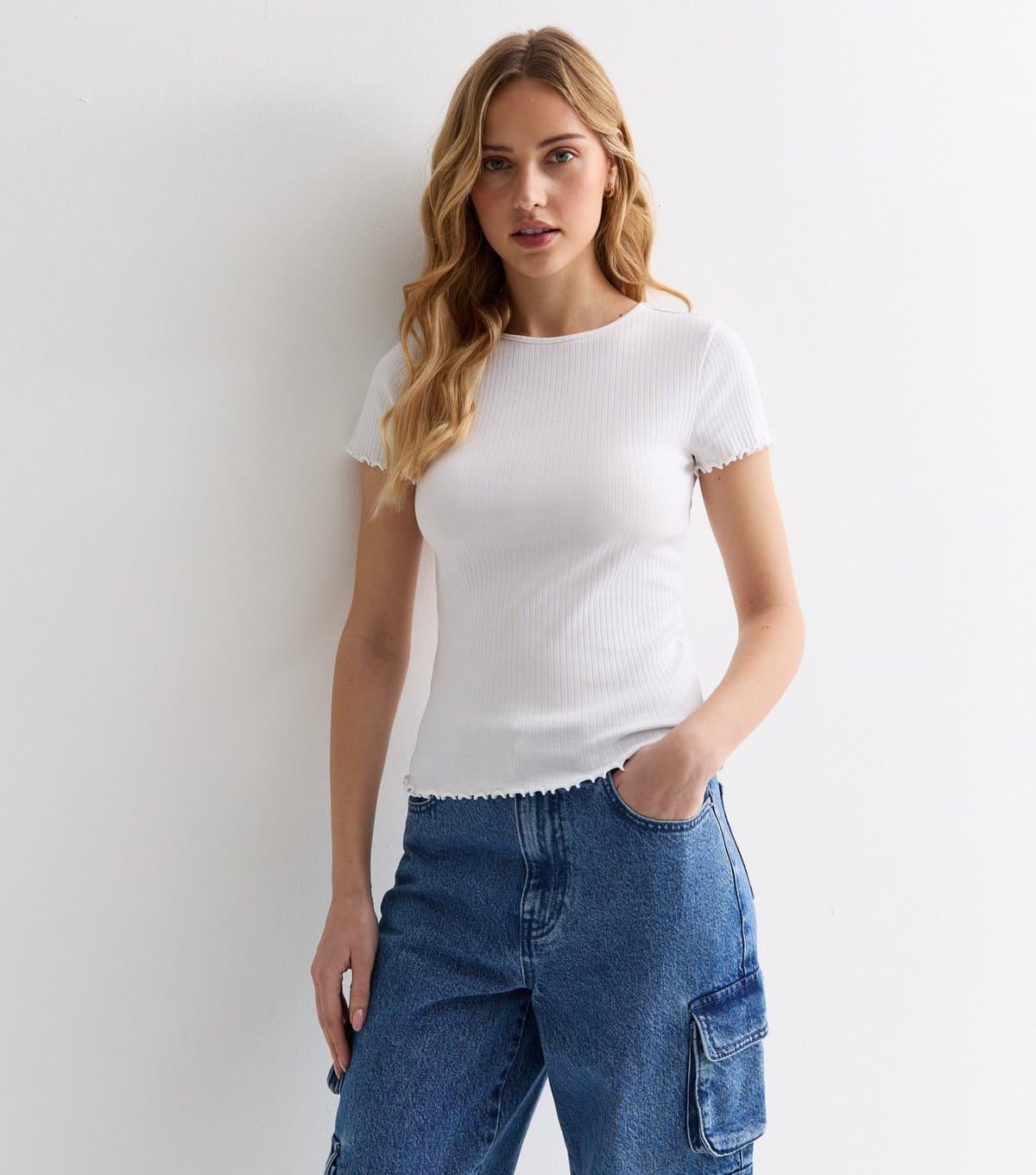 New Look New Look White Ribbed Frill-Trim T-Shirt
