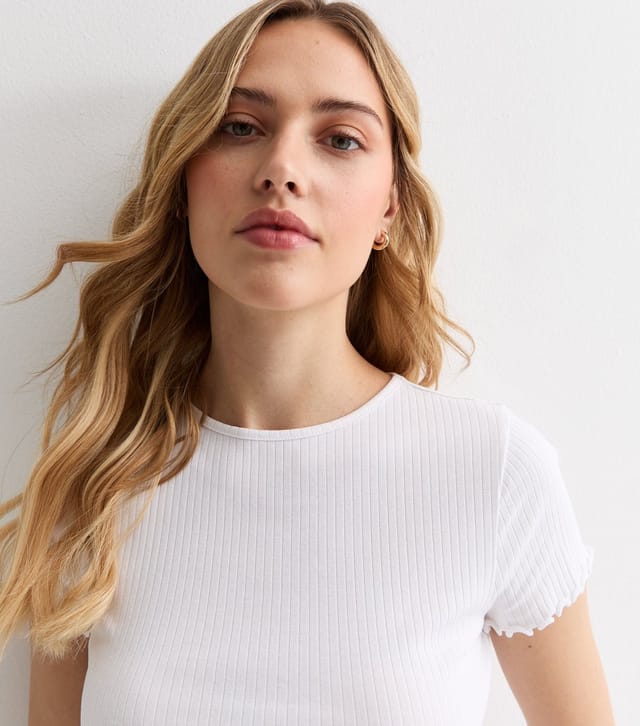 New Look Women's White Soft Stretch-Cotton Frill-Trim T-Shirt New Look - 2