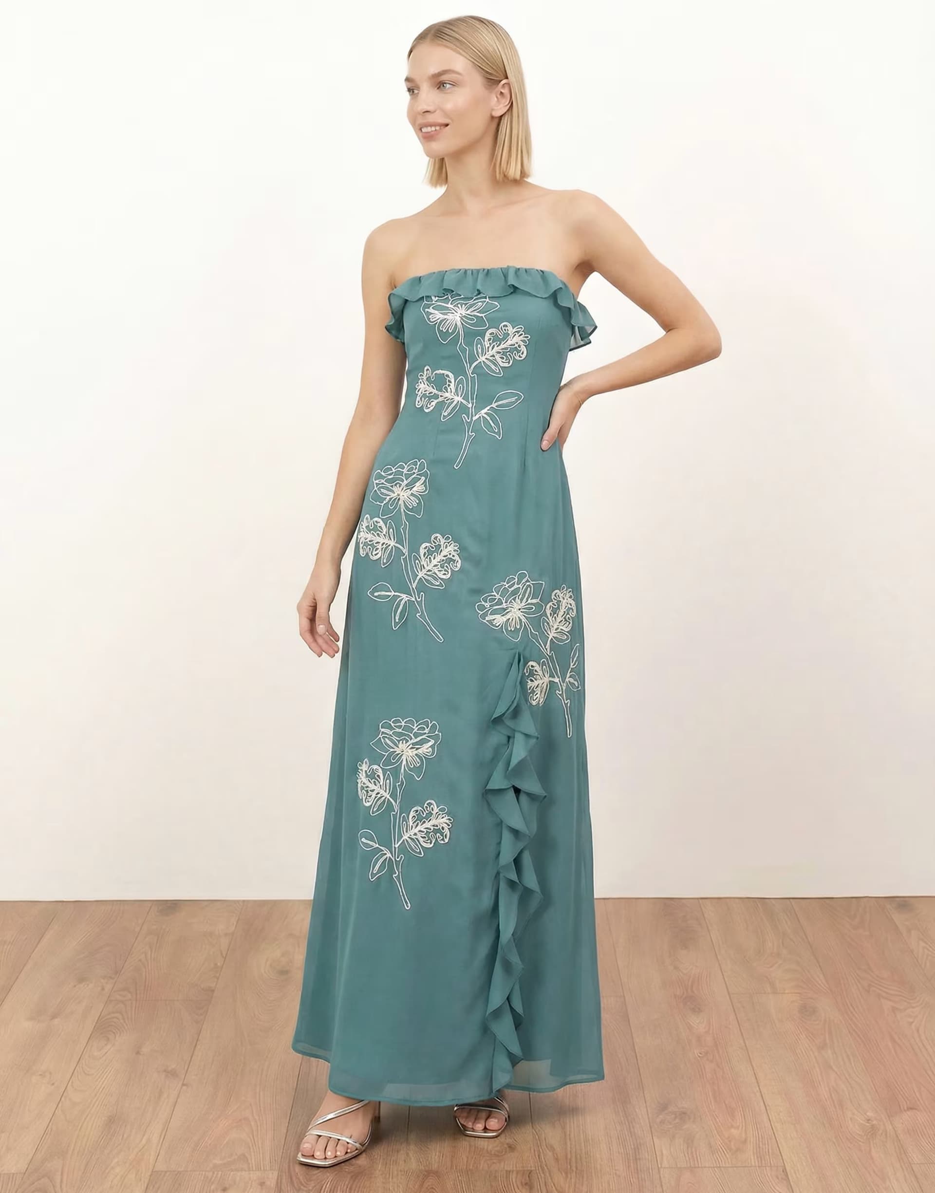 ASOS Maya Floral embroidery bandeau maxi dress in turquoise