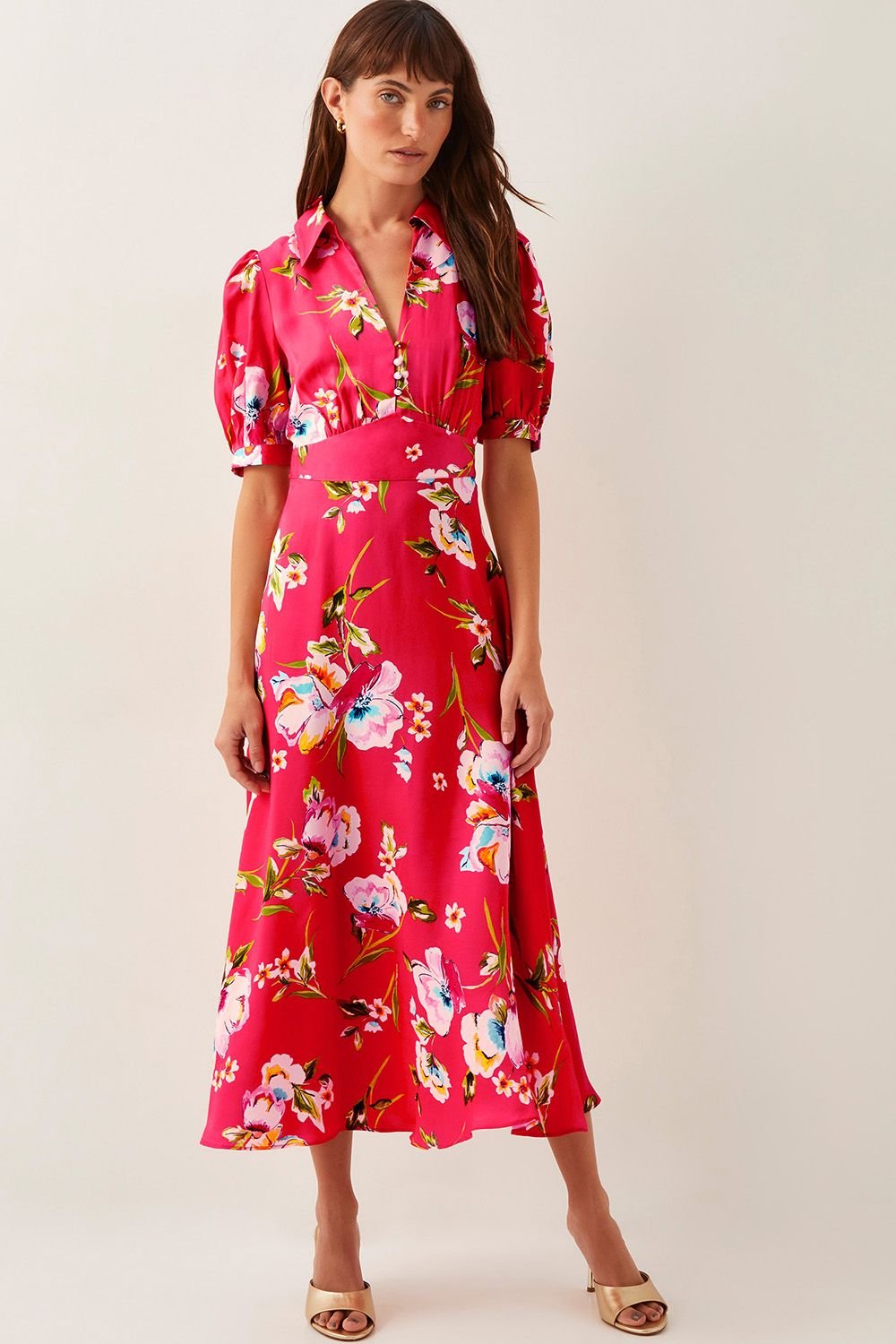 Monsoon Monsoon Women's Meredith Floral Midi Shirt Dress Red - 2