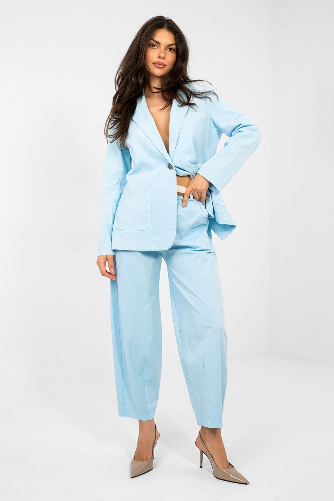 Love Lace Love Lace Women's High Waist Carrot Fit Cotton Trousers in Blue - 4