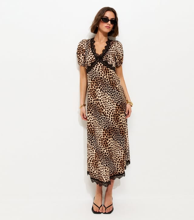 New Look Women's Brown Satin Leopard Print Tea Midi Dress New Look - 3