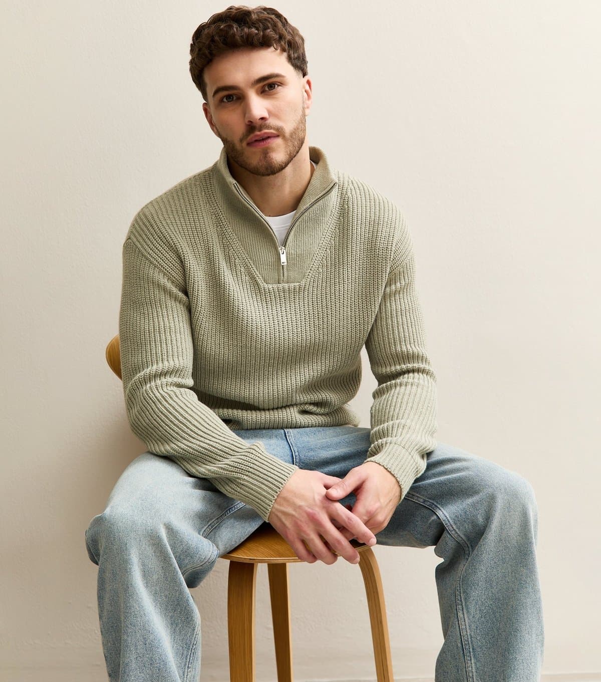 New Look Men's Mint Green Regular Quarter Zip Funnel Neck Jumper New Look