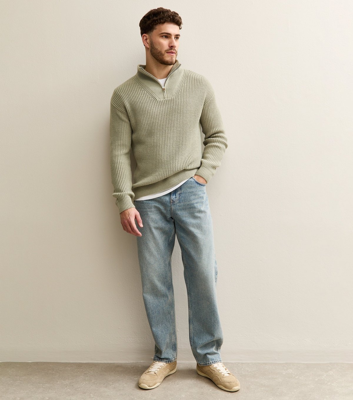 New Look Men's Mint Green Regular Quarter Zip Funnel Neck Jumper New Look - 3